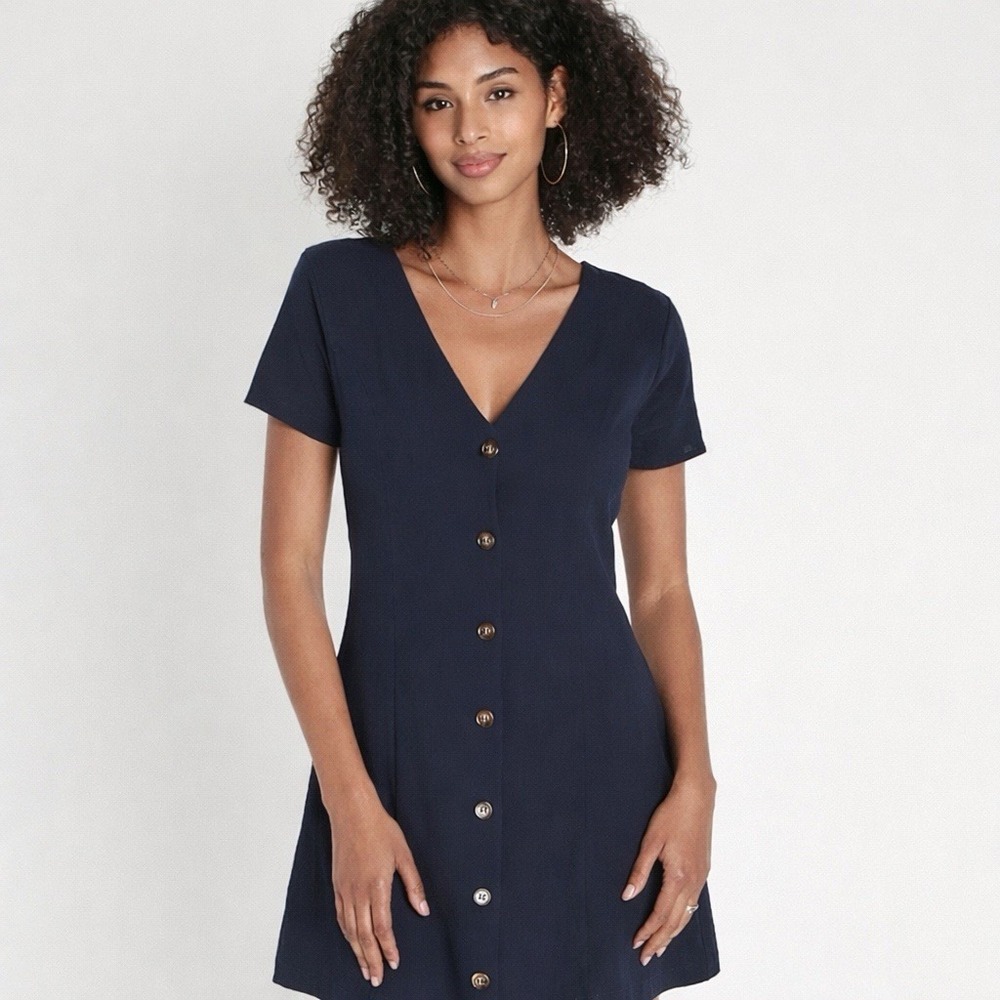 NWT Lulus Everyday Sweetness‎ Mini Dress Large Button Front Pockets Navy Blue
